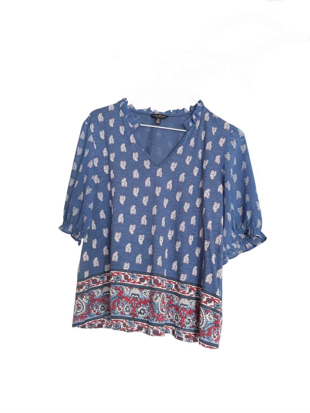 Lucky Brand Blue Paisley Border V-Neck Top Size Small